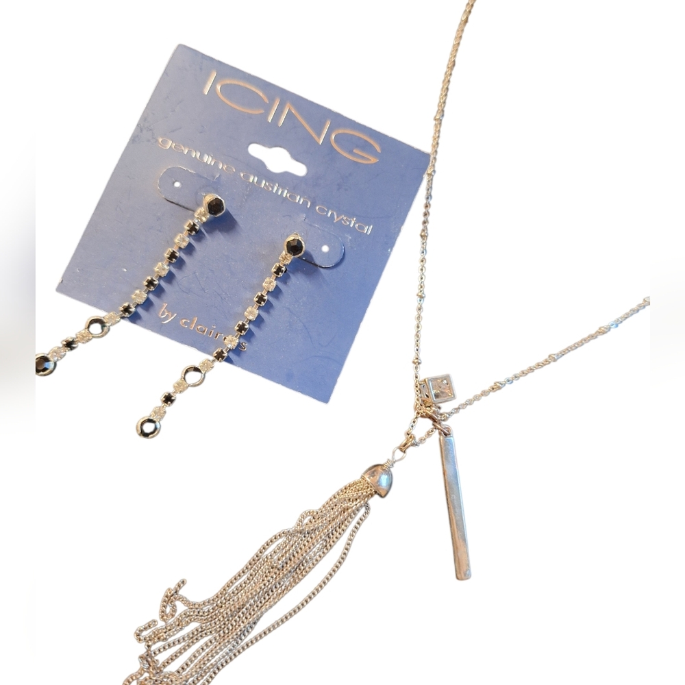 ICING Long Silver Toned Austrian Crystal Earrings & Station Necklace BLING ICE